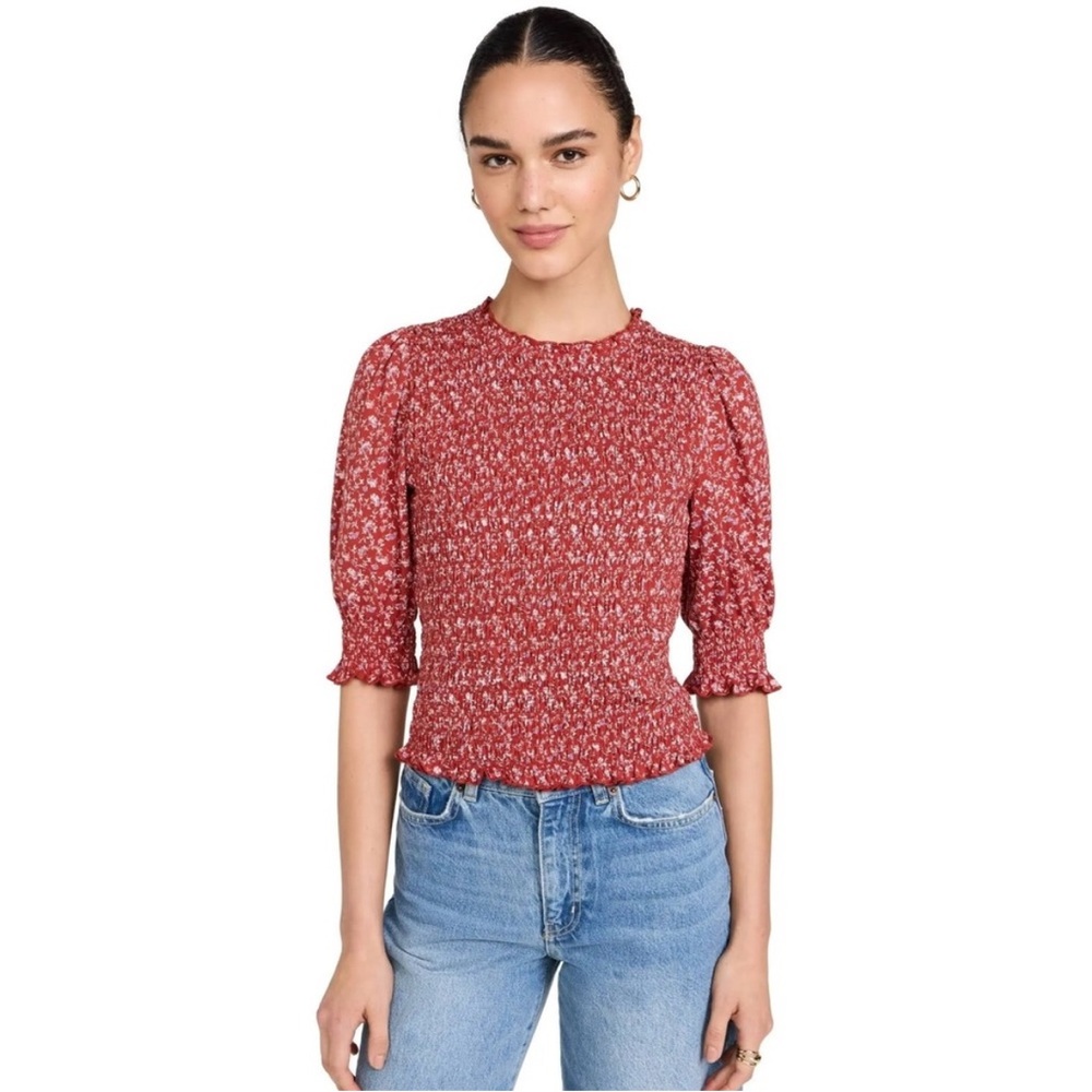 Veronica Beard Crew Neck Three-Quarter Sleeve Crop Top in Red, Women's M